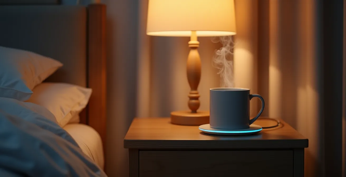 Smartwatch charging on nightstand during evening preparation