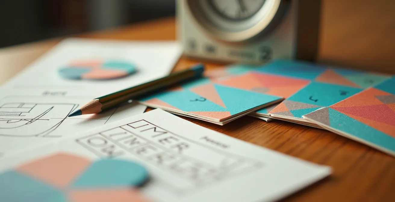 Study setup with abstract flashcards, timer, and learning materials arranged on desk