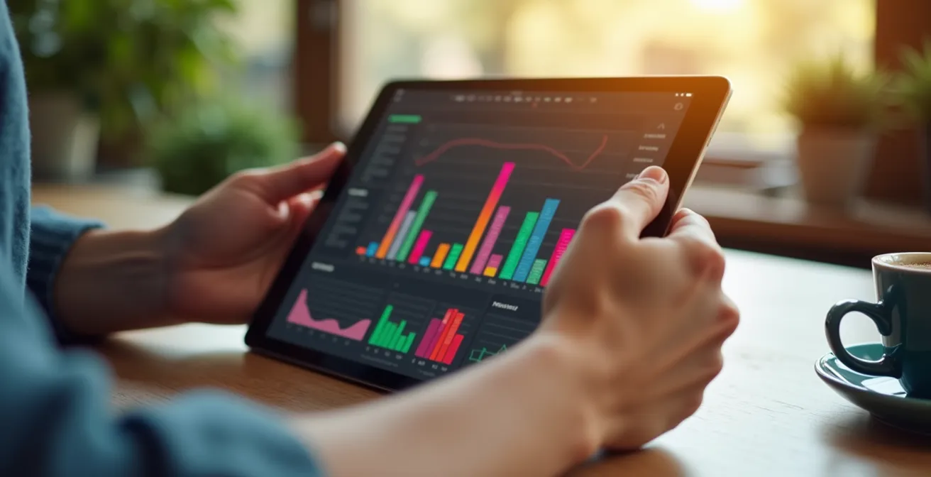 Marketer analyzing multiple ad variations on tablet with coffee and notebook on desk