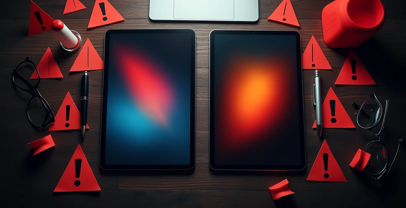 Split screen showing a professional, clean desk setup versus a cluttered one with red warning signs, symbolizing the difference between legitimate and fake financial news.