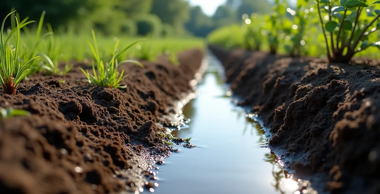 Cross-section view of a permaculture swale with planted berm showing water infiltration