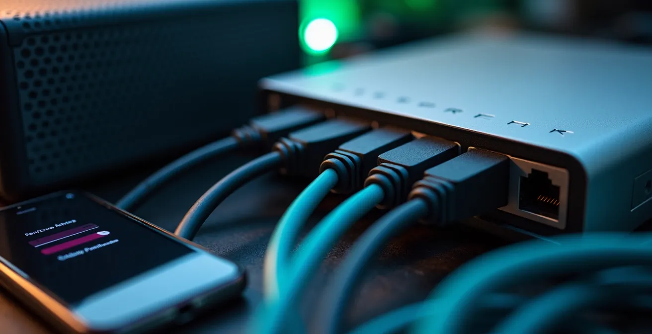 Close-up of a professional remote work station showing backup connectivity solutions like ethernet cables and a router