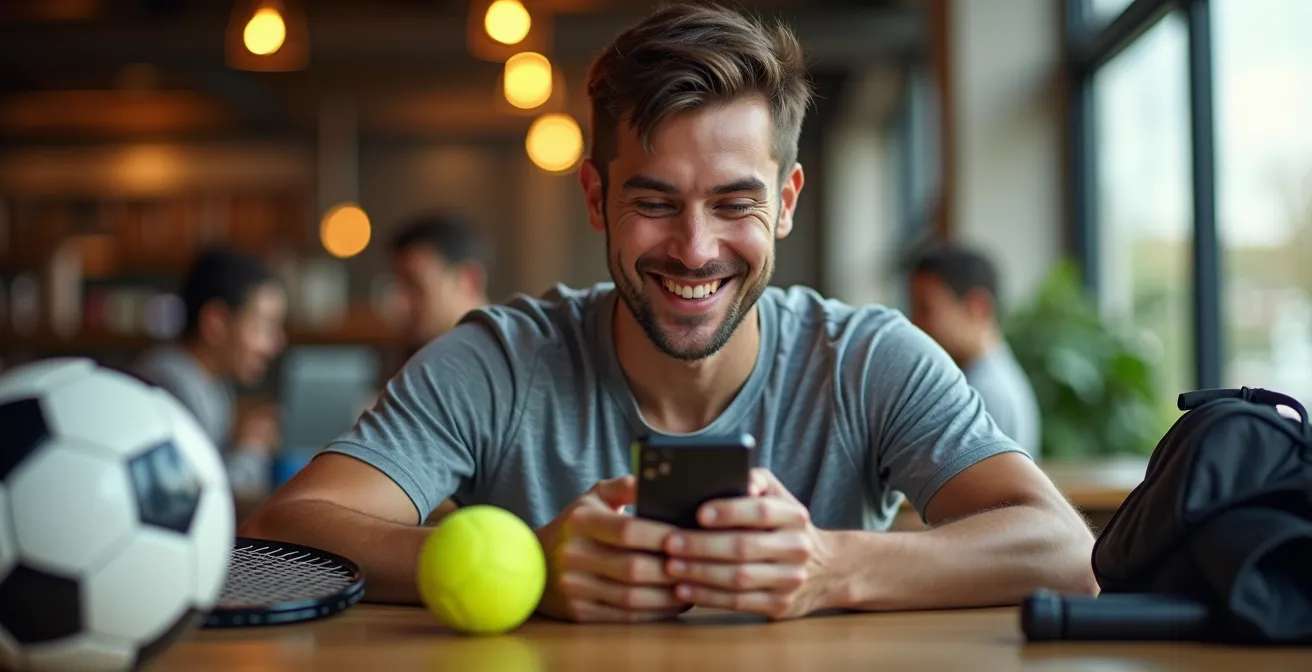 Person holding a smartphone showing a sports league app interface while various sports equipment is placed around them