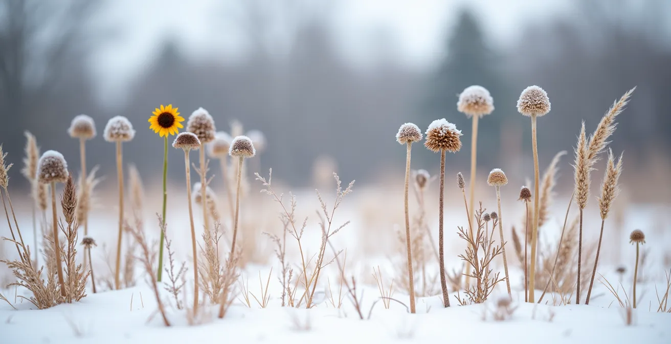 Dormant garden with standing stems and seed heads lightly covered in snow, providing winter insect habitat.