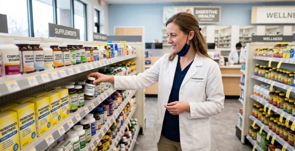 Pharmacist selecting probiotic supplements from pharmacy shelf in retail healthcare setting Pharmacist selecting probiotic supplements from pharmacy shelf in retail healthcare setting