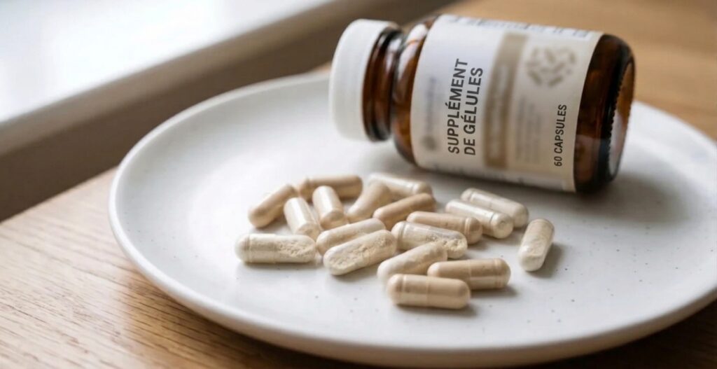 Close-up of probiotic supplement capsules on a white surface with generic supplement bottle Close-up of probiotic supplement capsules on a white surface with generic supplement bottle