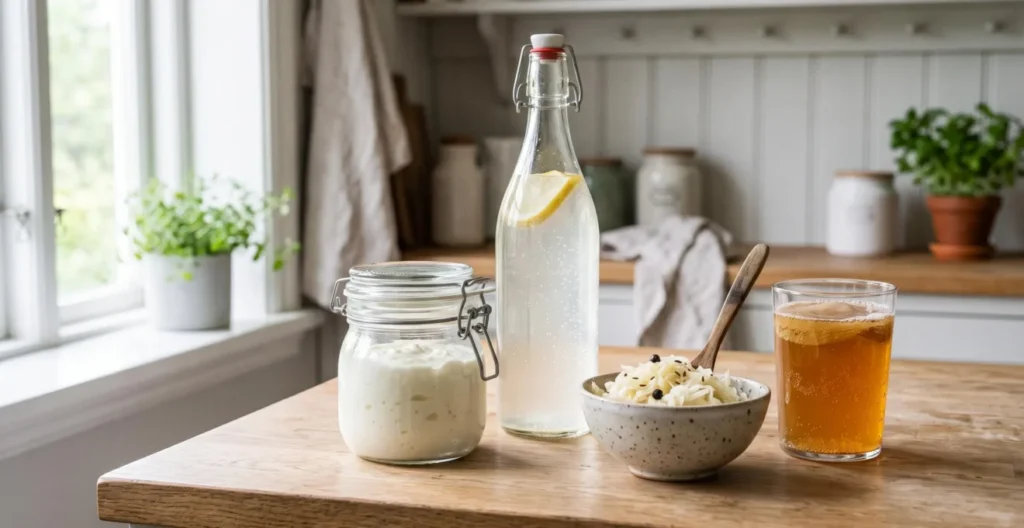 Arrangement of probiotic-rich fermented foods including yogurt, kefir, sauerkraut and kombucha on kitchen surface Arrangement of probiotic-rich fermented foods including yogurt, kefir, sauerkraut and kombucha on kitchen surface