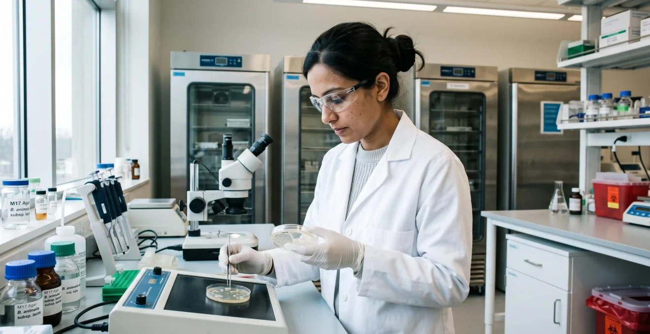 Microbiologist examining probiotic bacterial cultures in petri dishes at a laboratory workbench