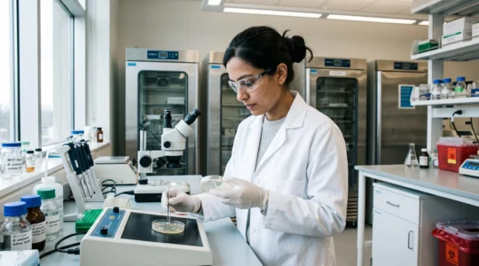 Microbiologist examining probiotic bacterial cultures in petri dishes at a laboratory workbench